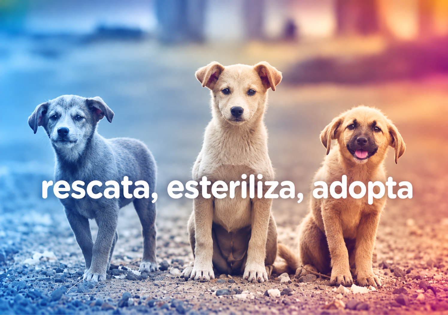Tres perritos con el mensaje: rescata, esteriliza, adopta