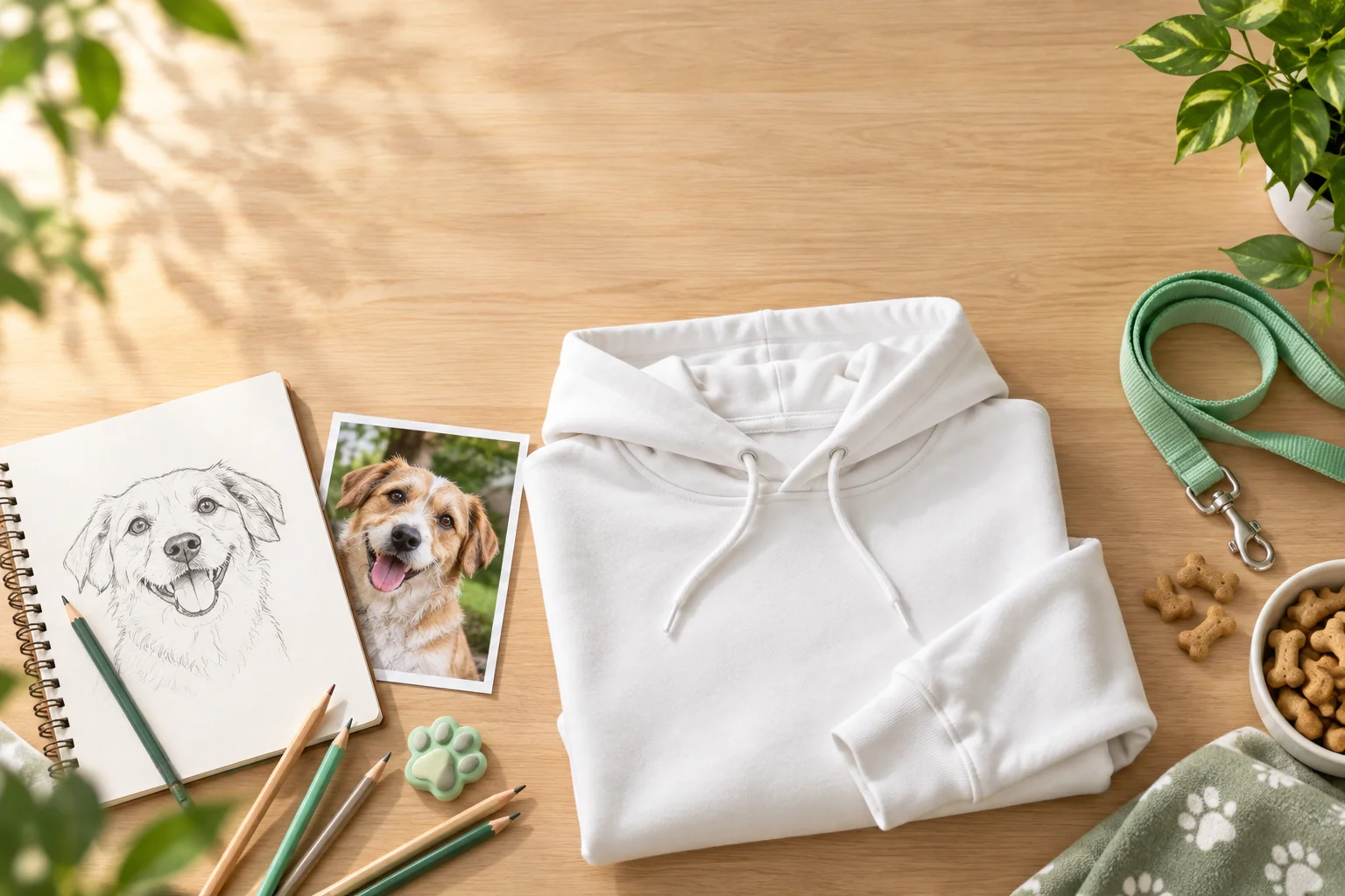 Sudadera blanca sobre madera clara, junto a una foto de un perrito y su dibujo