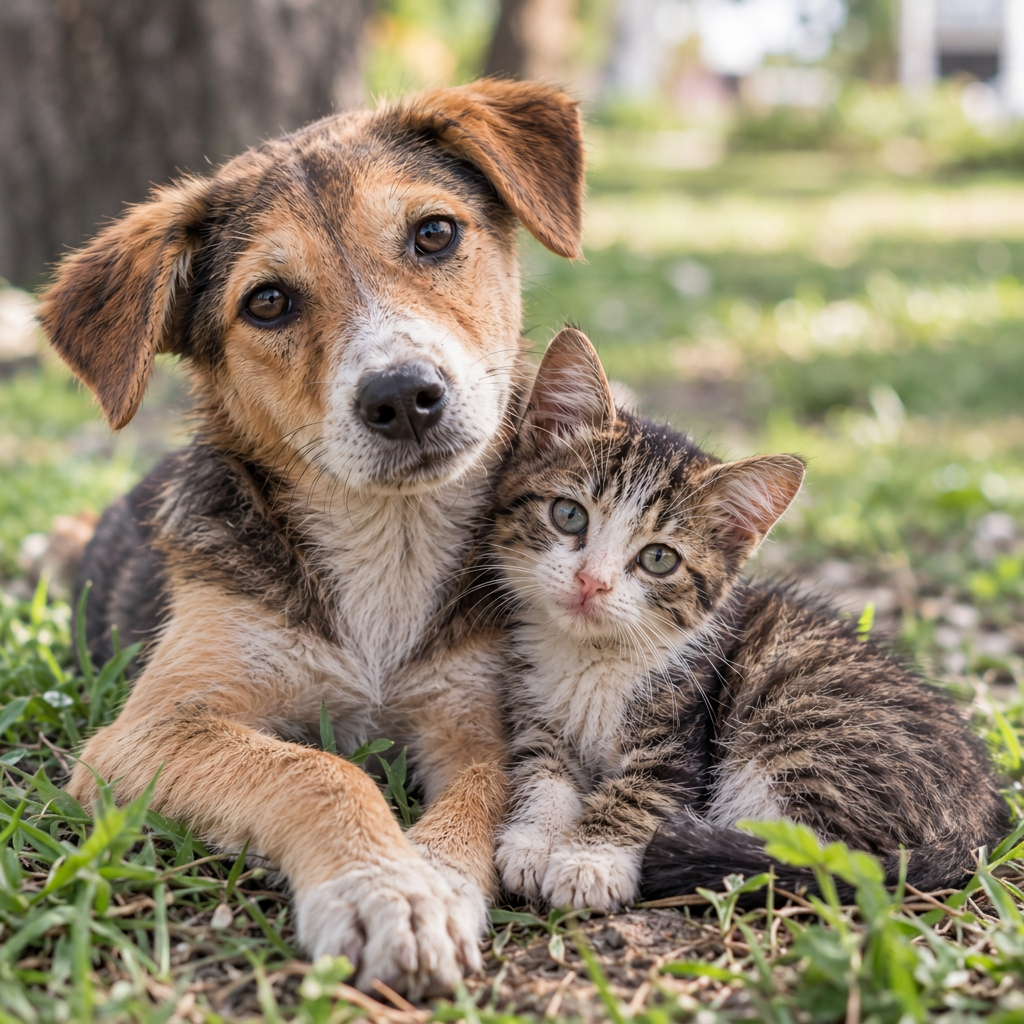 Perrito y gatito juntos en el pasto